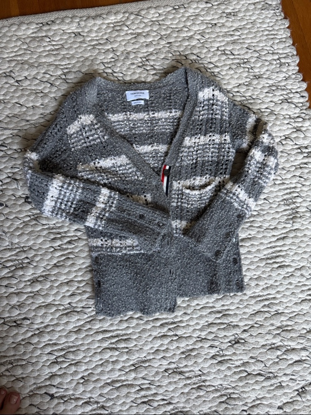 Thom Browne Gray and White Striped Knit Cardigan